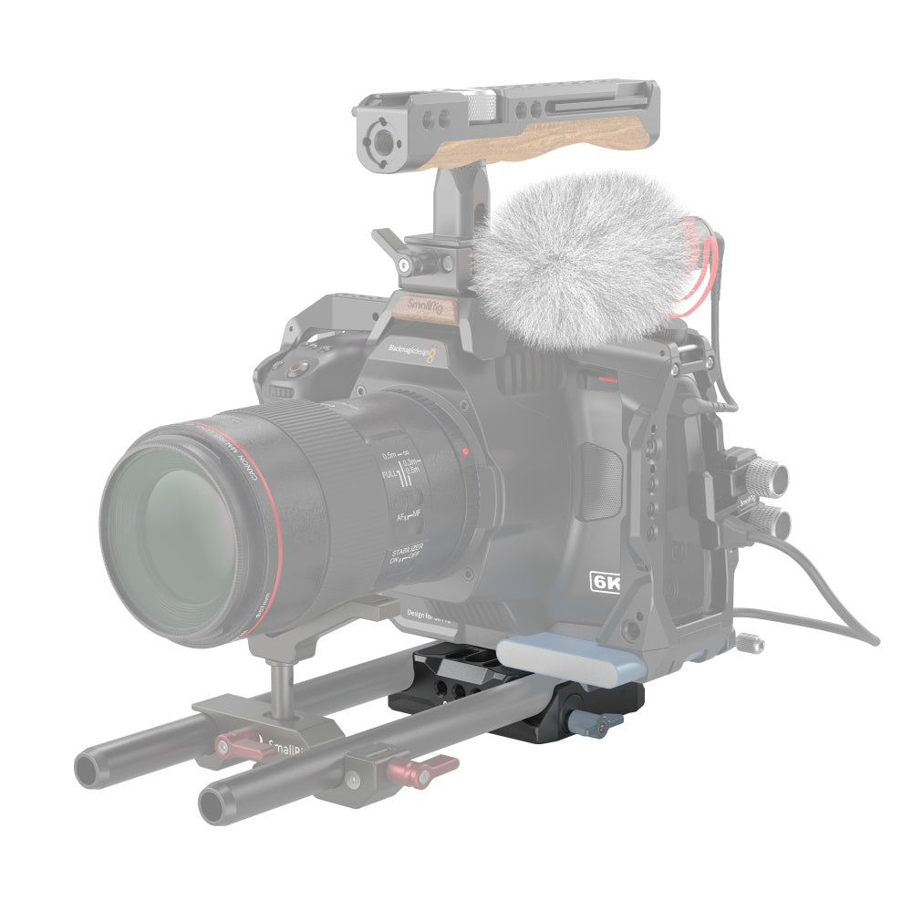 SmallRig Universal LWS Bottom Mount Plate with Dual 15mm Rod Clamp placement on camera setup