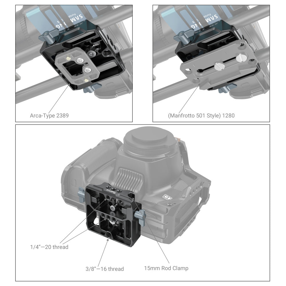 SmallRig Universal LWS Bottom Mount Plate with Dual 15mm Rod Clamp components