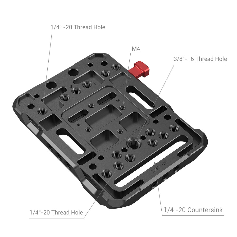 breakdown of parts in the SmallRig V Mount Battery Adapter Plate with Adjustable Arm