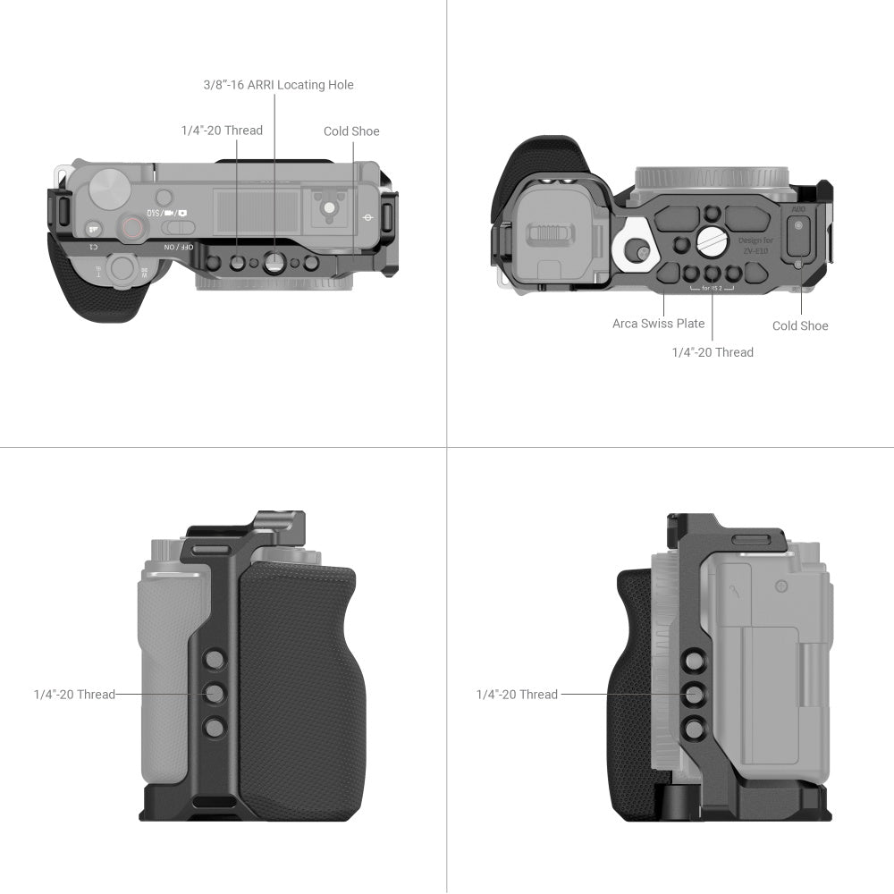 full view and details of Sony ZV-E10 Camera Cage with Grip components