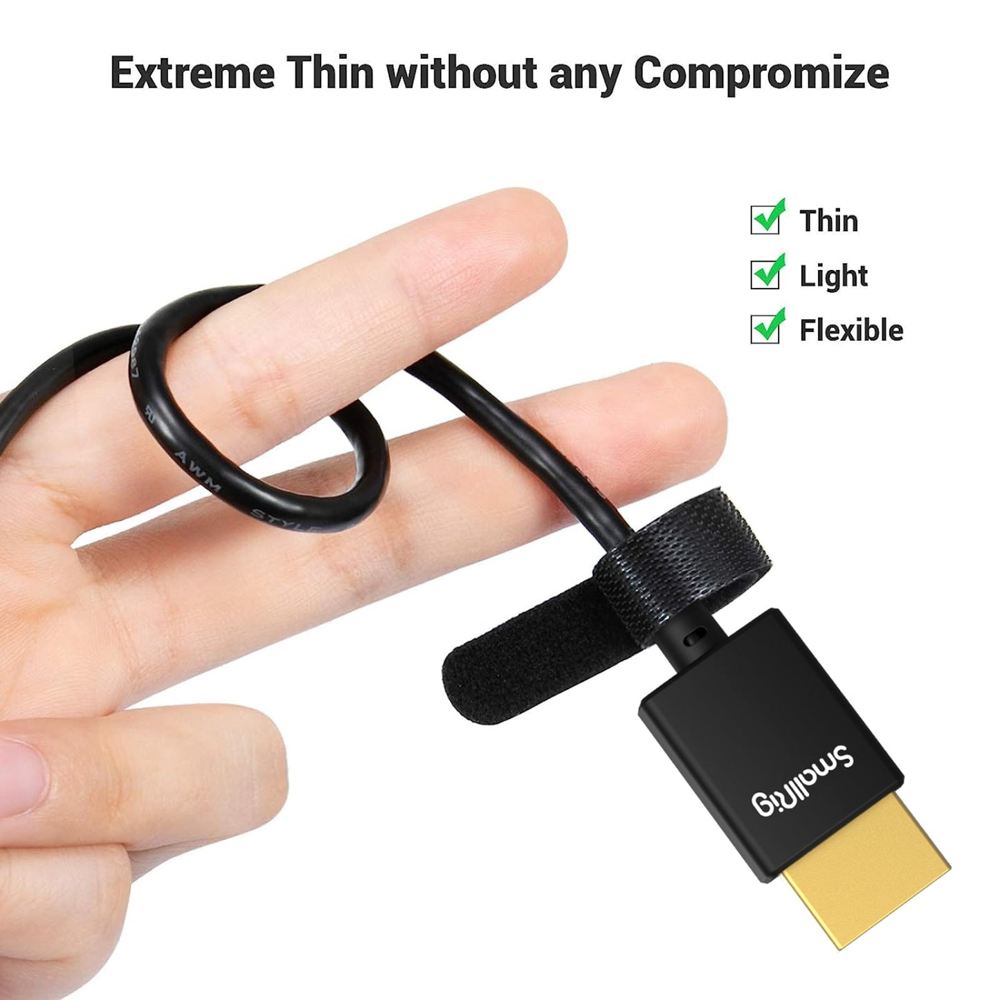 SmallRig Ultra-Slim 4K HDMI Data Cable (A to A) (55cm) wrapped around hand with explanation of best features