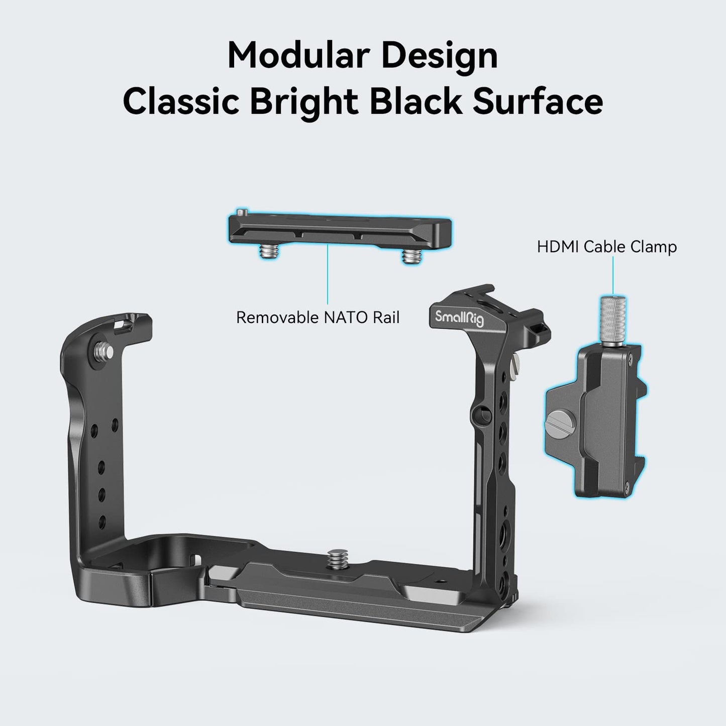 Sony FX30 / FX3 Cage attachments including view of removable NATO rail and HDMI cable clamp