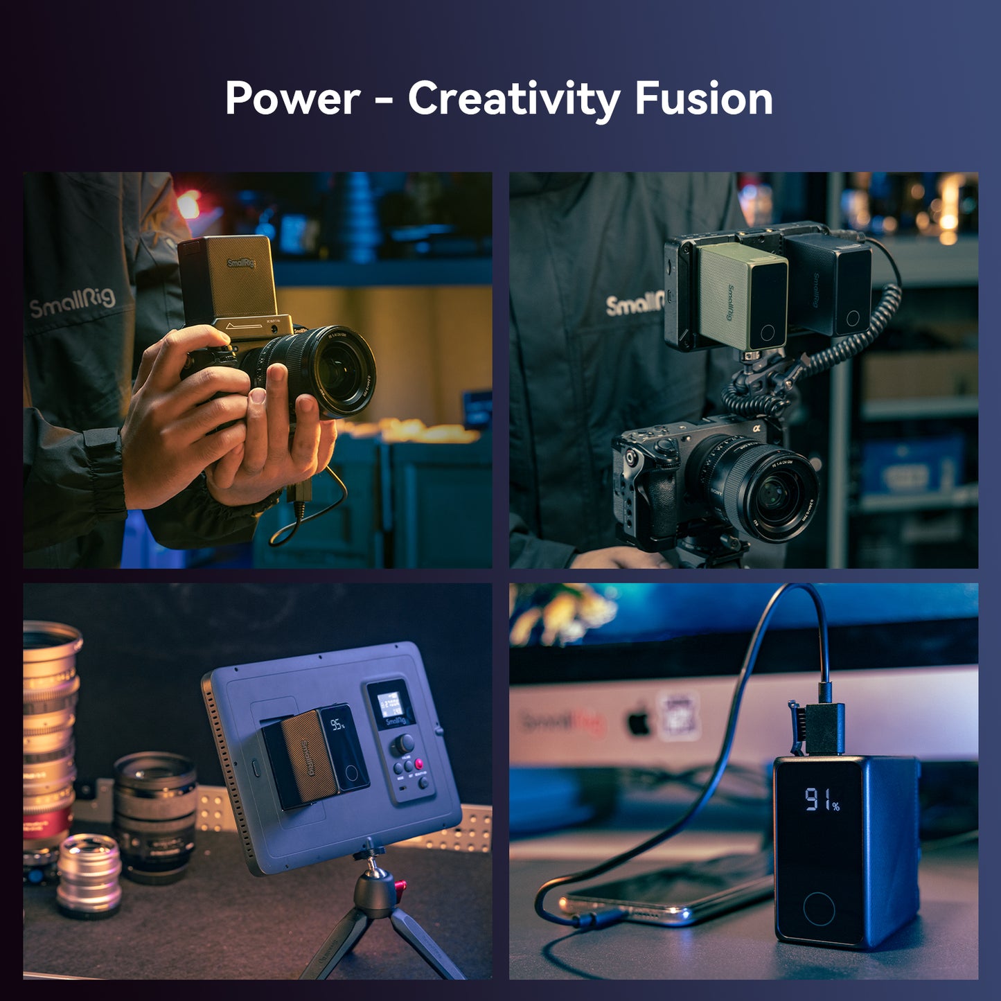 collage of NP-F970 USB-C Rechargeable Camera Battery in use