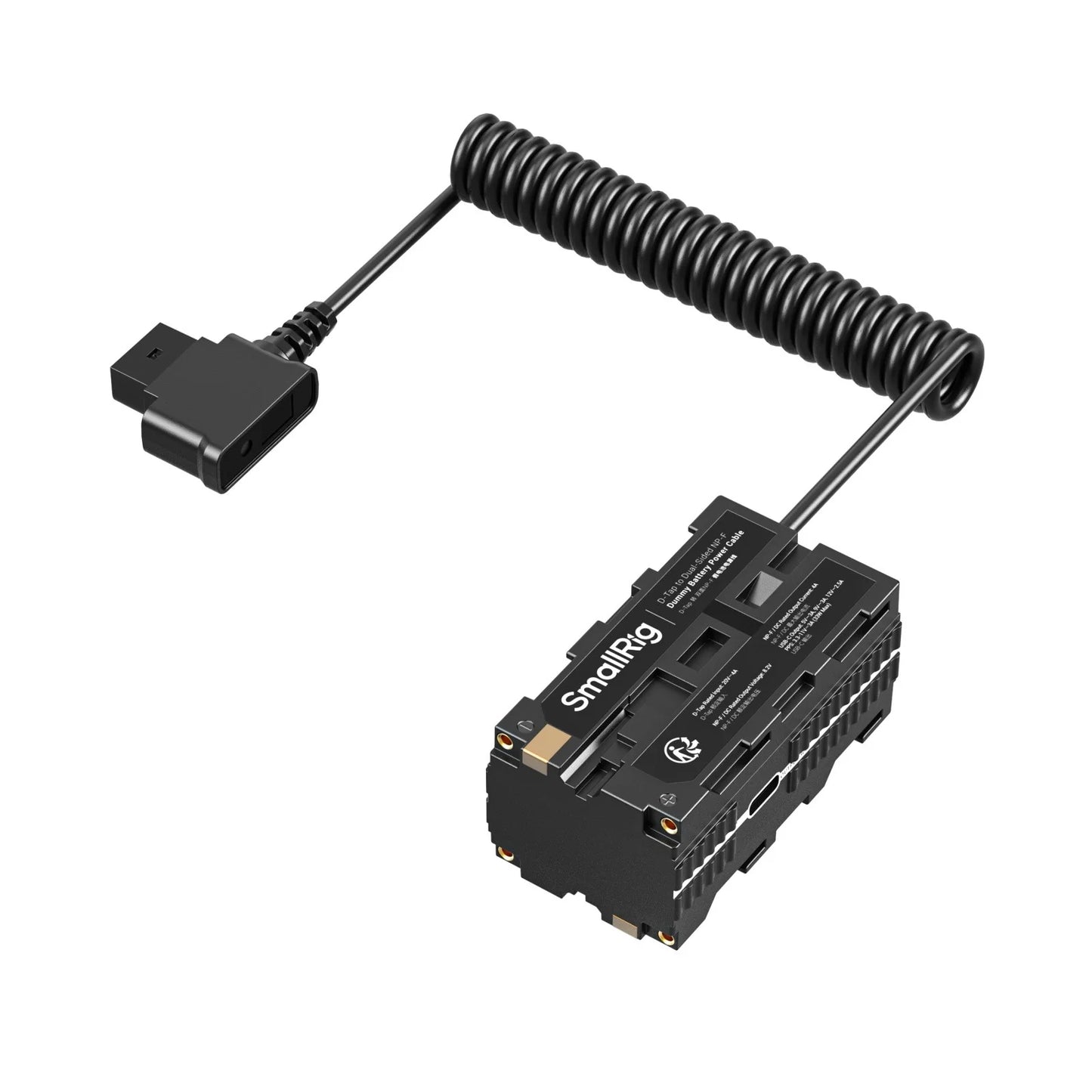 SmallRig D-Tap to Dual NP-F dummy battery adapter with coiled power cable and compact housing design.