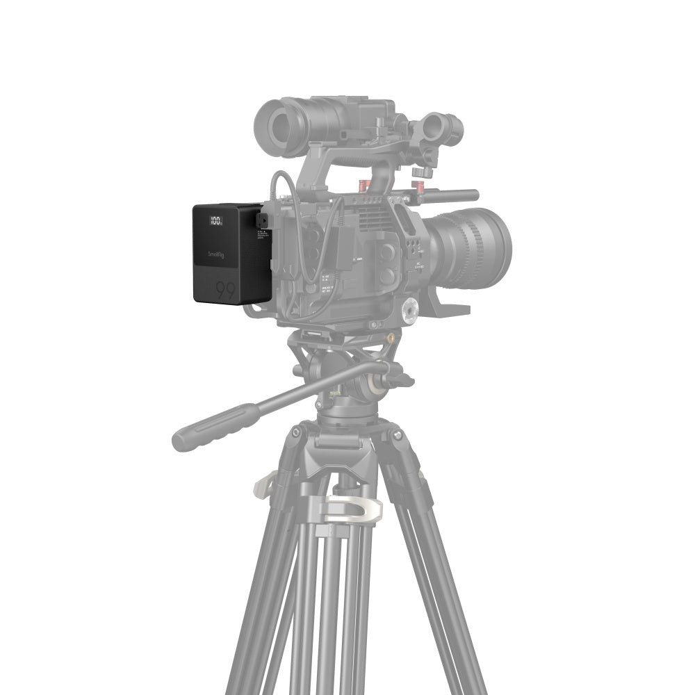 full view of SmallRig VB99 mini V Mount Battery on camera with tripod