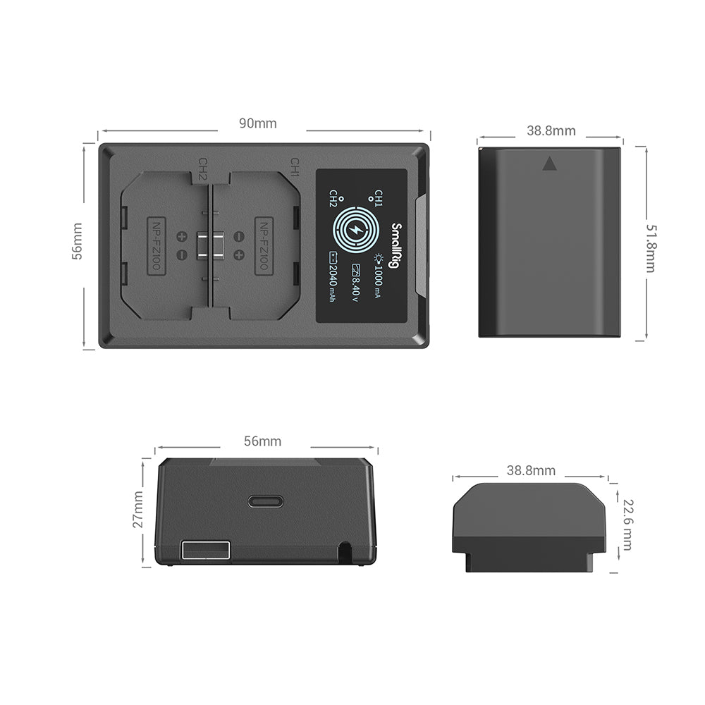 SmallRig NP-FZ100 Camera Battery and Charger Kit height and width measurements