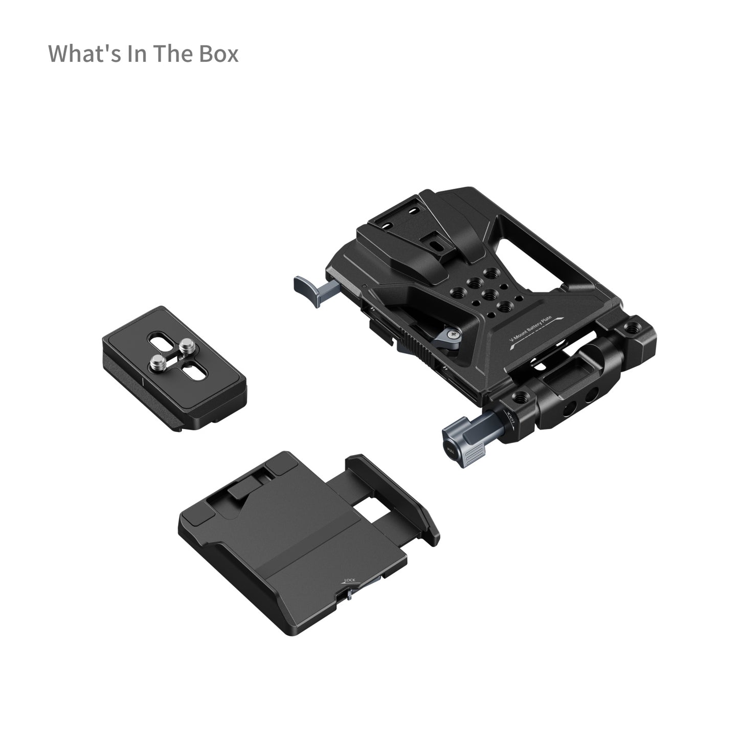 SmallRig V-Mount Battery Plate Kit Pro – unboxed components including base plate, LCD protection bracket, and locking hardware.