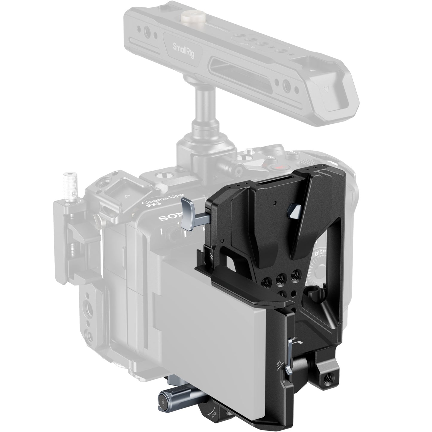 SmallRig V-Mount Battery Mount Plate Pro mounted on Sony FX3 cinema camera rig with top handle and cage.