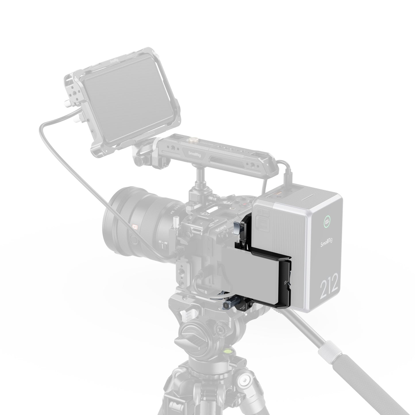 SmallRig V-Mount Battery Plate Pro with attached V-Mount battery powering mirrorless cinema camera and external monitor.”