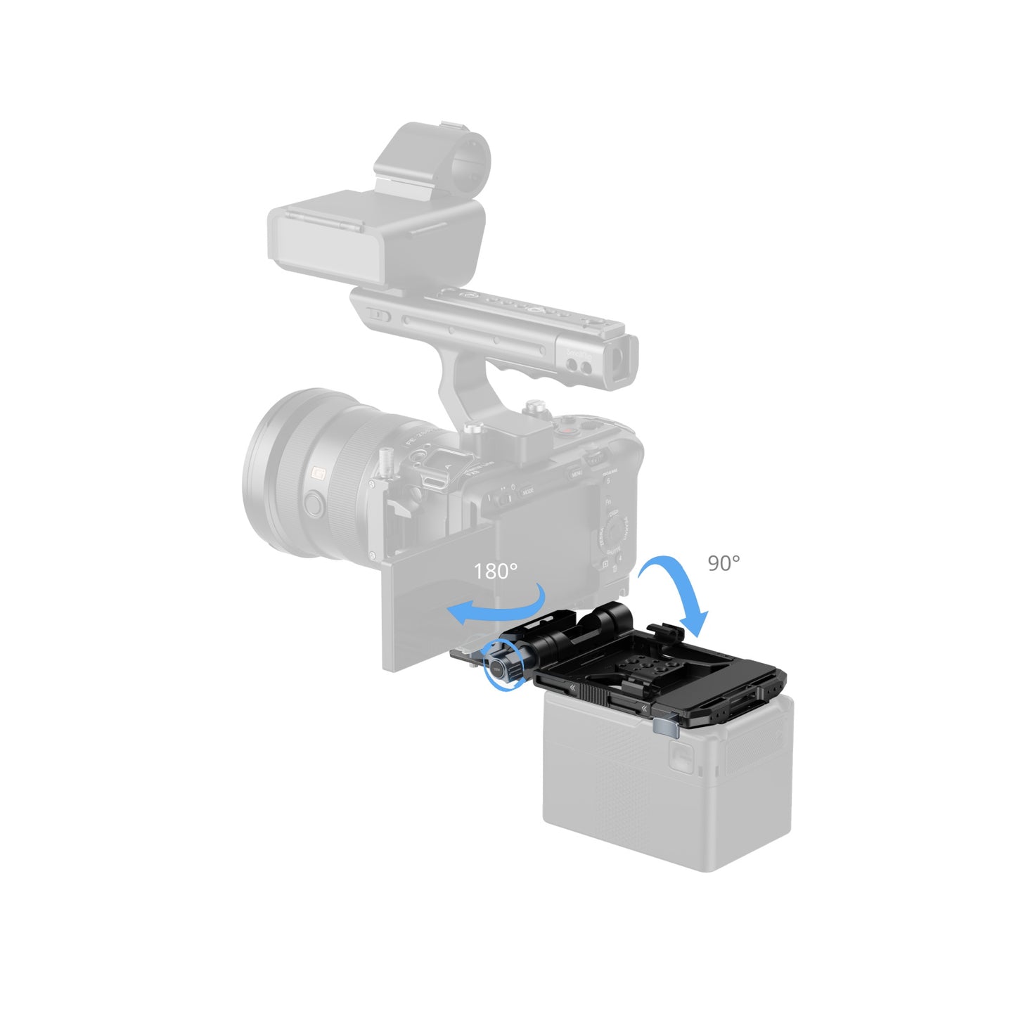 SmallRig V-Mount Battery Plate Pro 180-degree swivel and 90-degree tilt adjustment diagram.