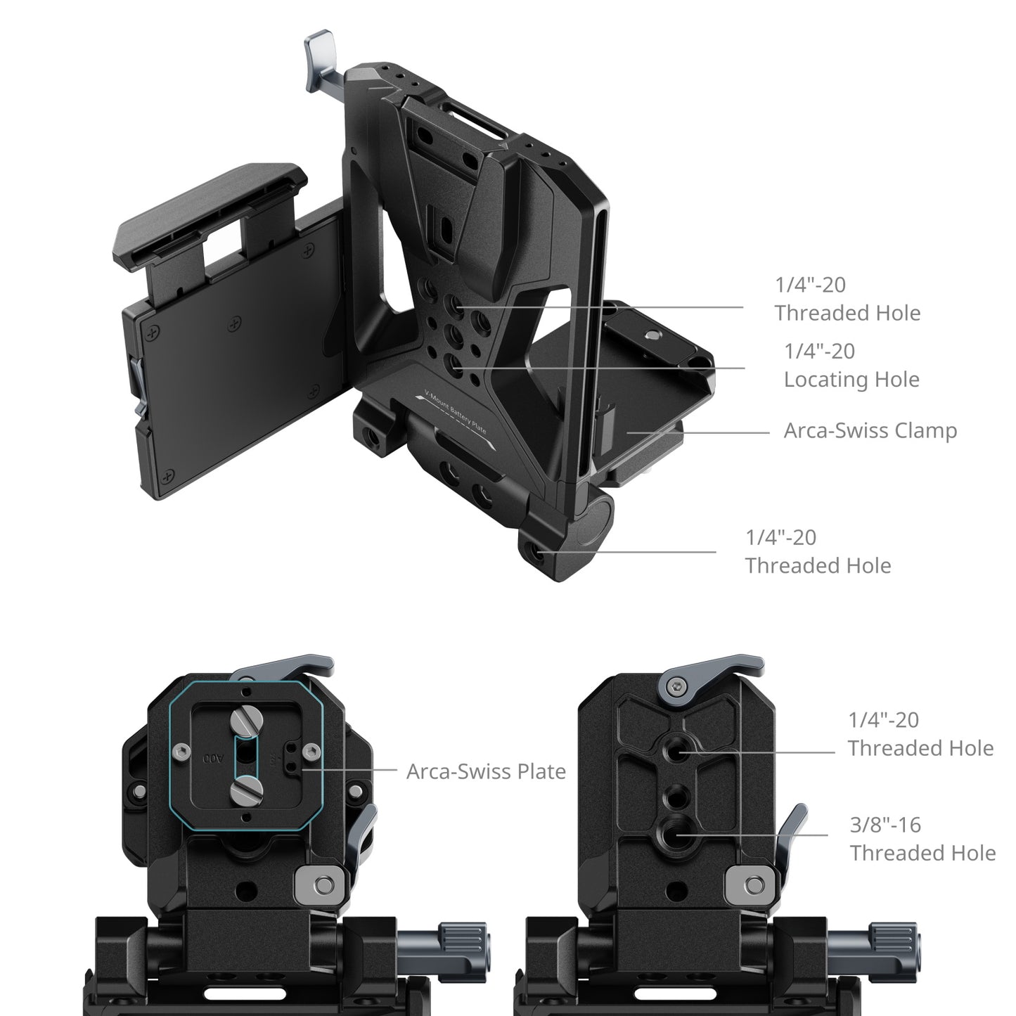 Technical image of SmallRig V-Mount Battery Plate Kit Pro – multiple threaded holes and Arca-Swiss clamp system close-up.