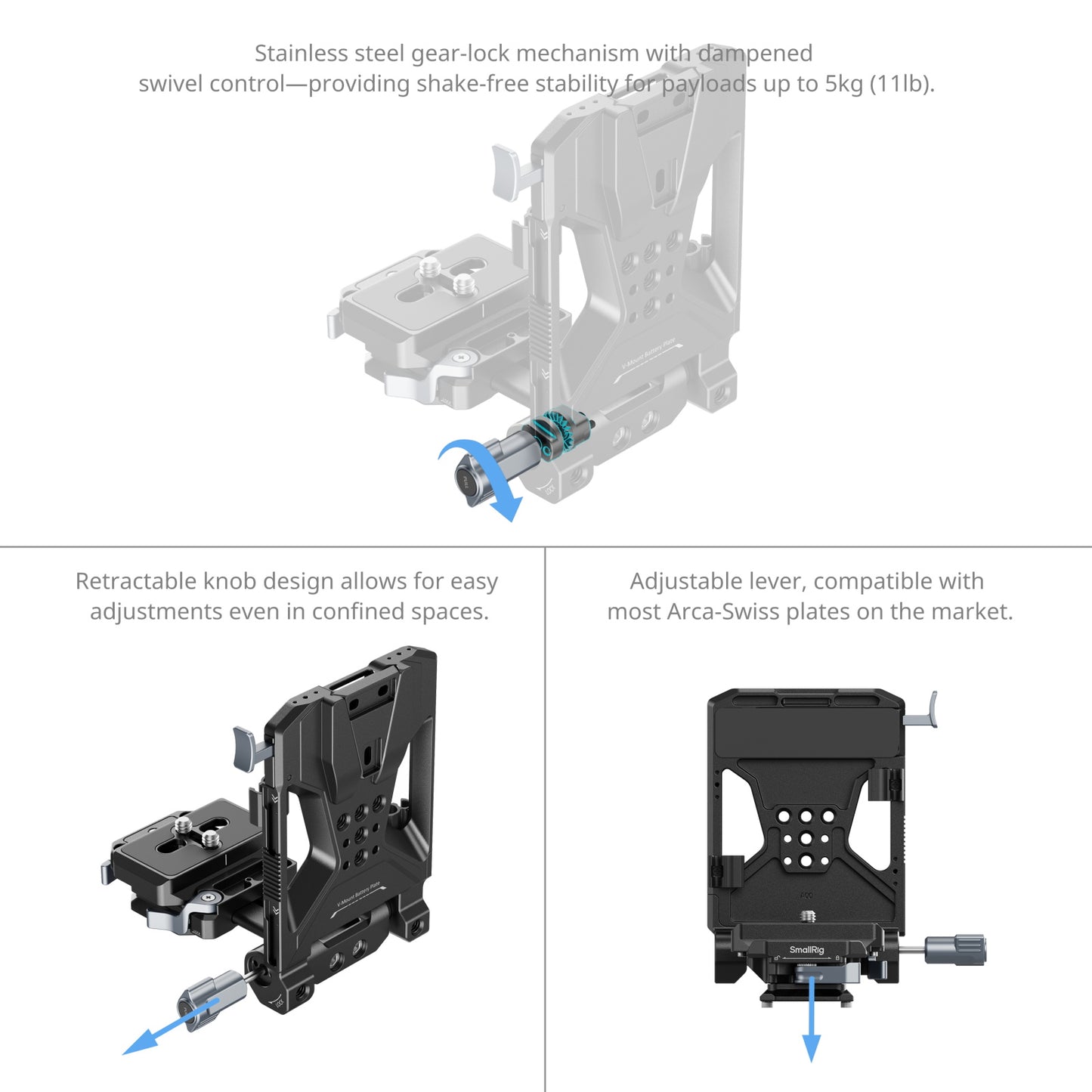 SmallRig V-Mount Battery Plate Pro – stainless steel gear-lock mechanism and retractable knob design for secure adjustment.