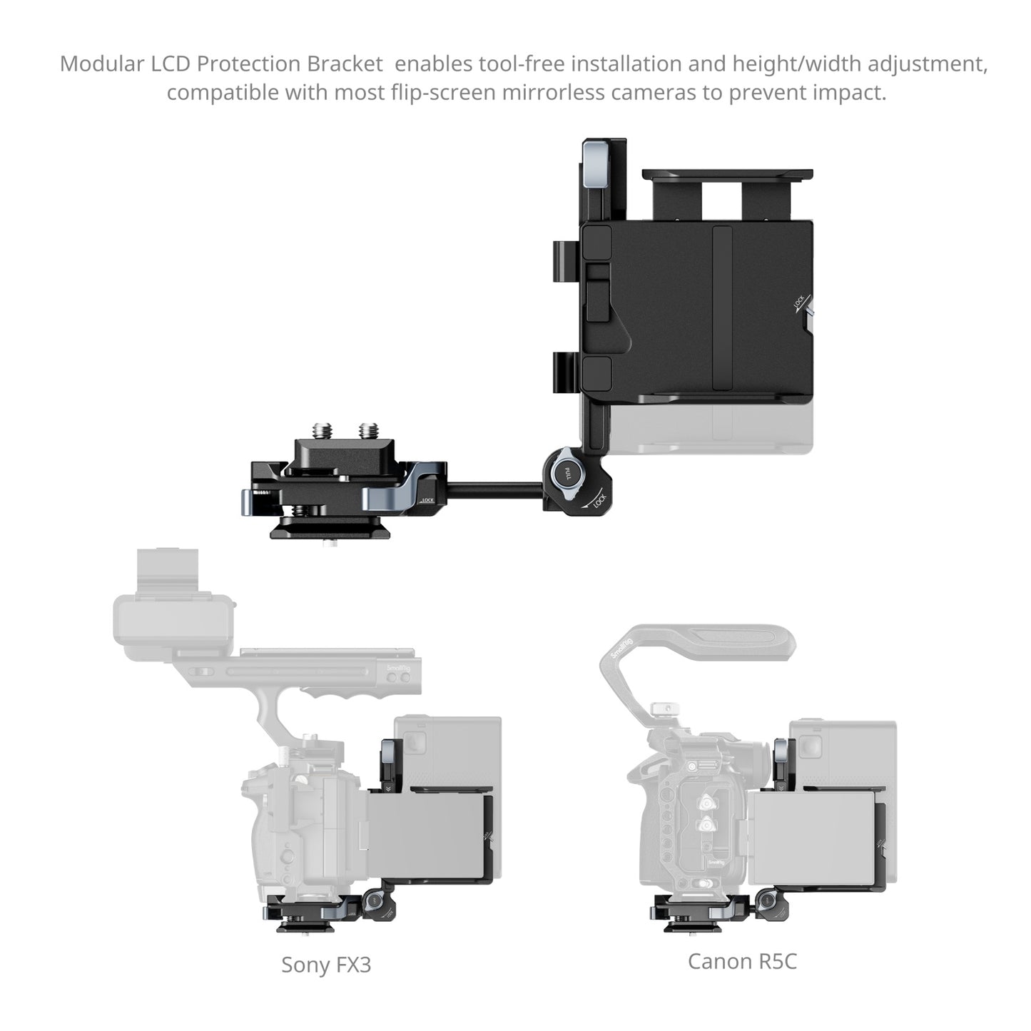 SmallRig V-Mount Battery Plate Kit Pro – modular LCD protection bracket installed on Sony FX3 and Canon R5C cameras.