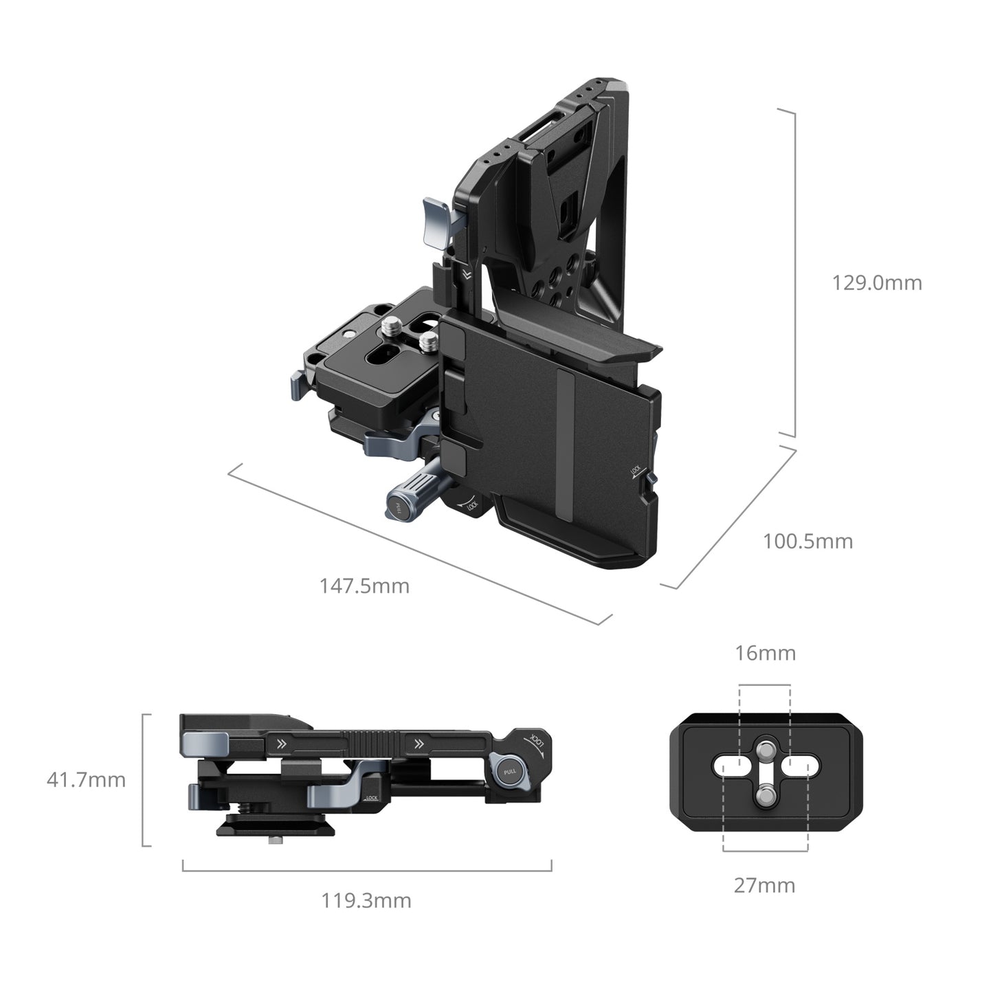 SmallRig V-Mount Battery Plate Kit Pro – technical dimension diagram with width, height, and plate measurements in millimetres.