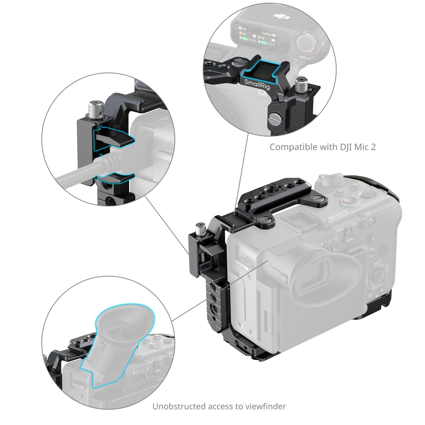 Enlarged view of cable clamp and mic compatibility on FX2 cage, ensuring unobstructed access to camera ports.