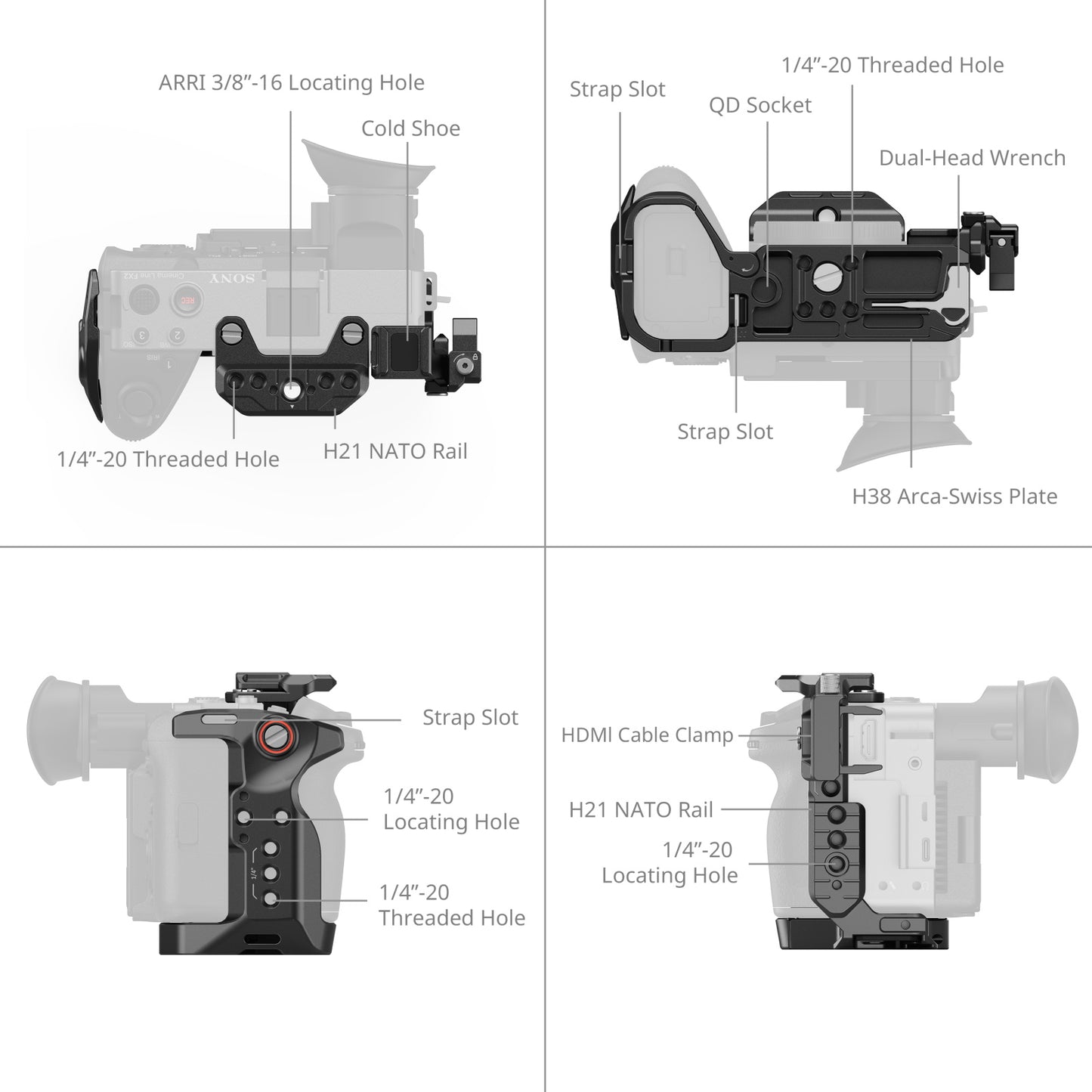 Technical illustration showing locating holes, threaded mounts, and accessory slots integrated into the FX2 cage.