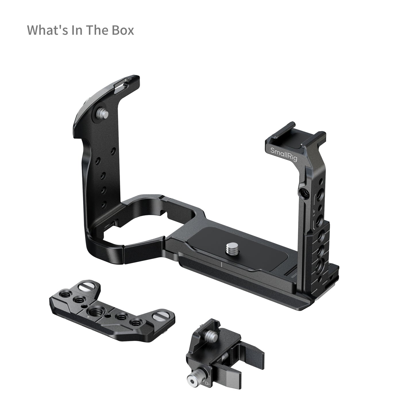 Product layout showing SmallRig FX2 cage with included modular accessories, handles, and mounting brackets.