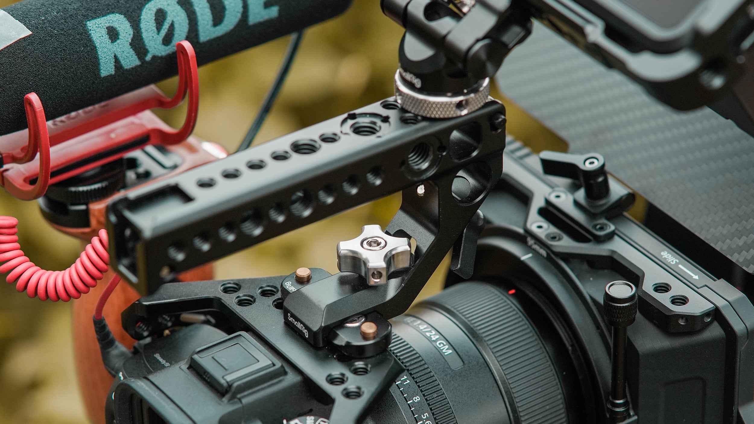 Image of a Sony camera rigged out with Small rig and Rode gear