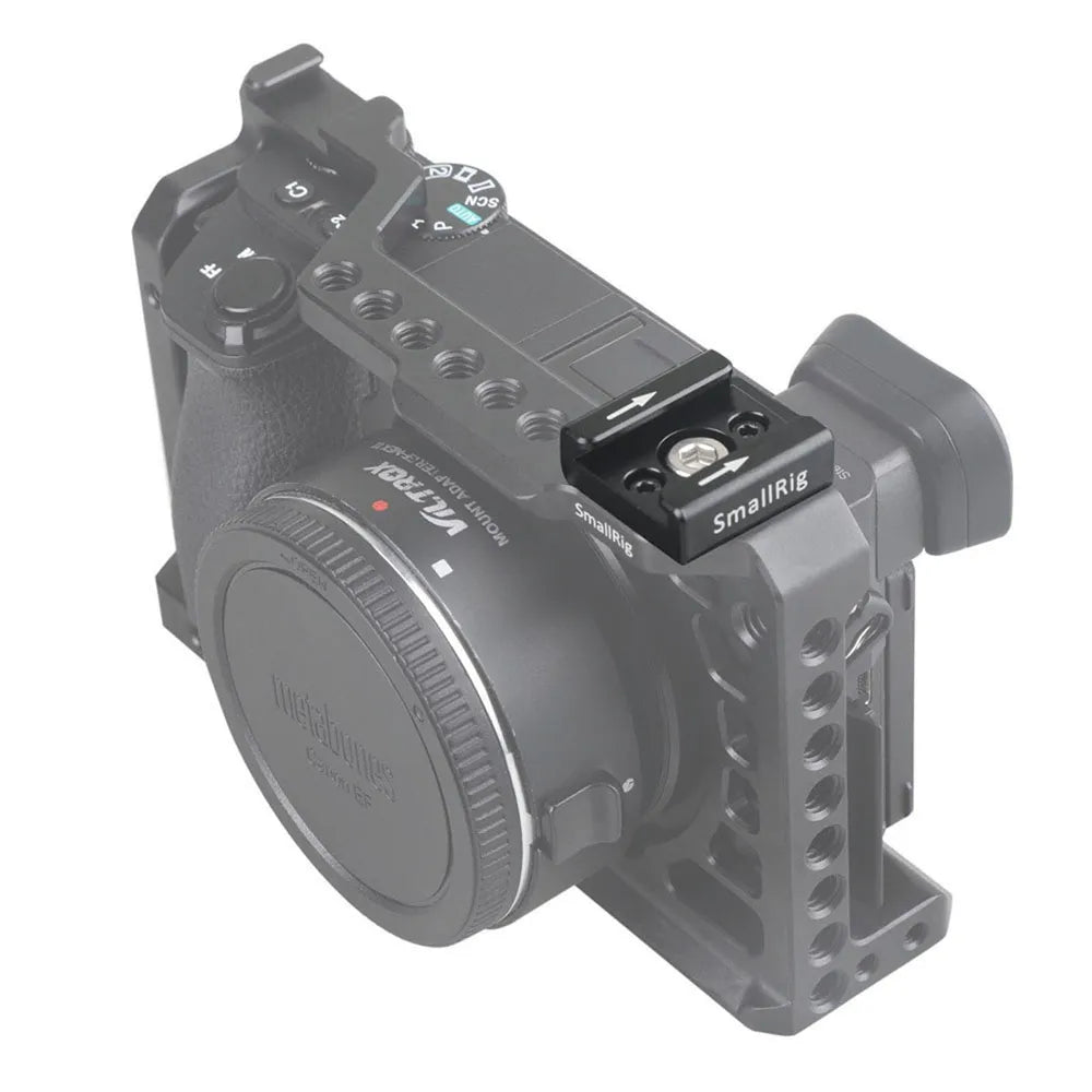 Cold Shoe securely attached to camera cage for top-mounted accessories.