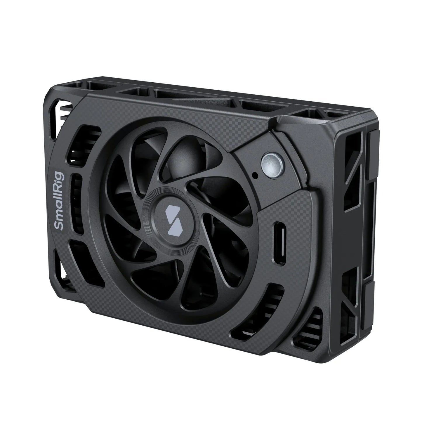 Close-up view of SmallRig Cooling Fan highlighting industrial design and branding.