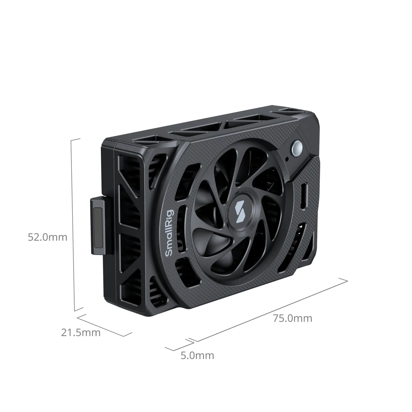 Cooling Fan dimensions shown in millimeters: 75mm x 52mm x 21.5mm.
