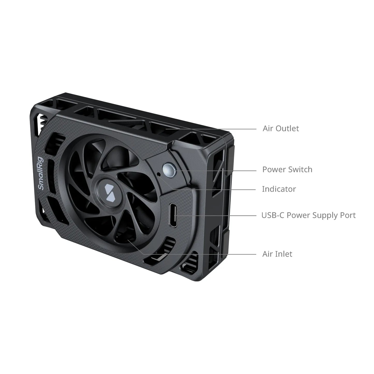 Labeled parts of the SmallRig Cooling Fan including air outlet, power button, USB-C port, and air inlet.