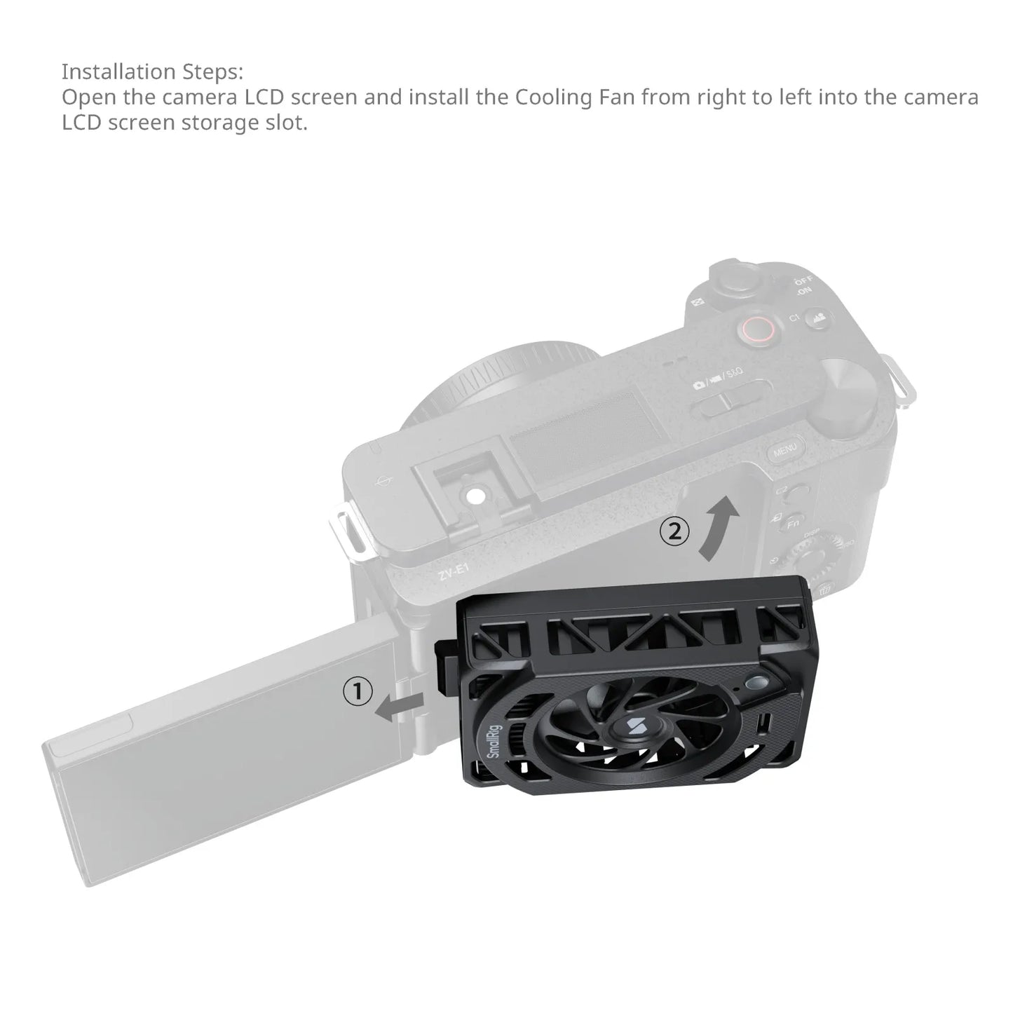 Installation guide showing how to slide the fan from right to left into the camera's LCD slot.