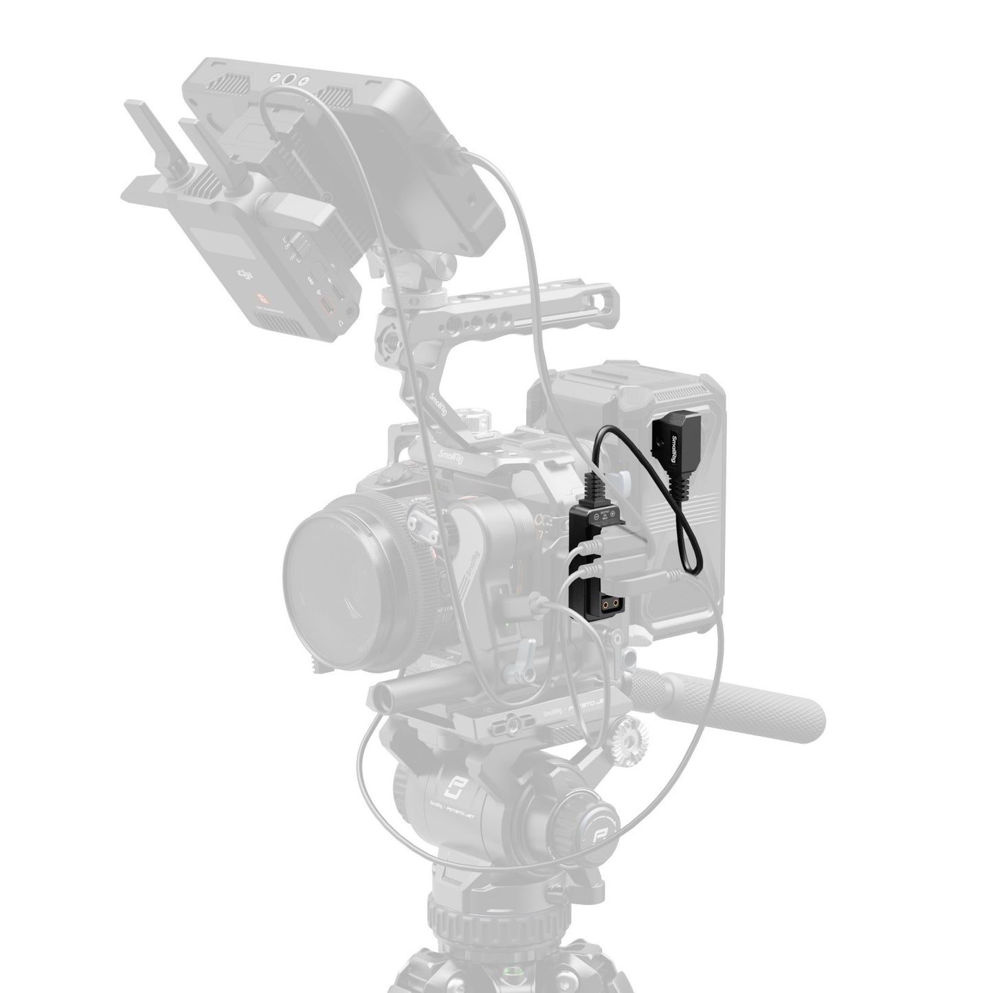 SmallRig D-Tap 1-to-4 Power Cable mounted on cinema camera rig – powering monitor, wireless transmitter, and accessories.