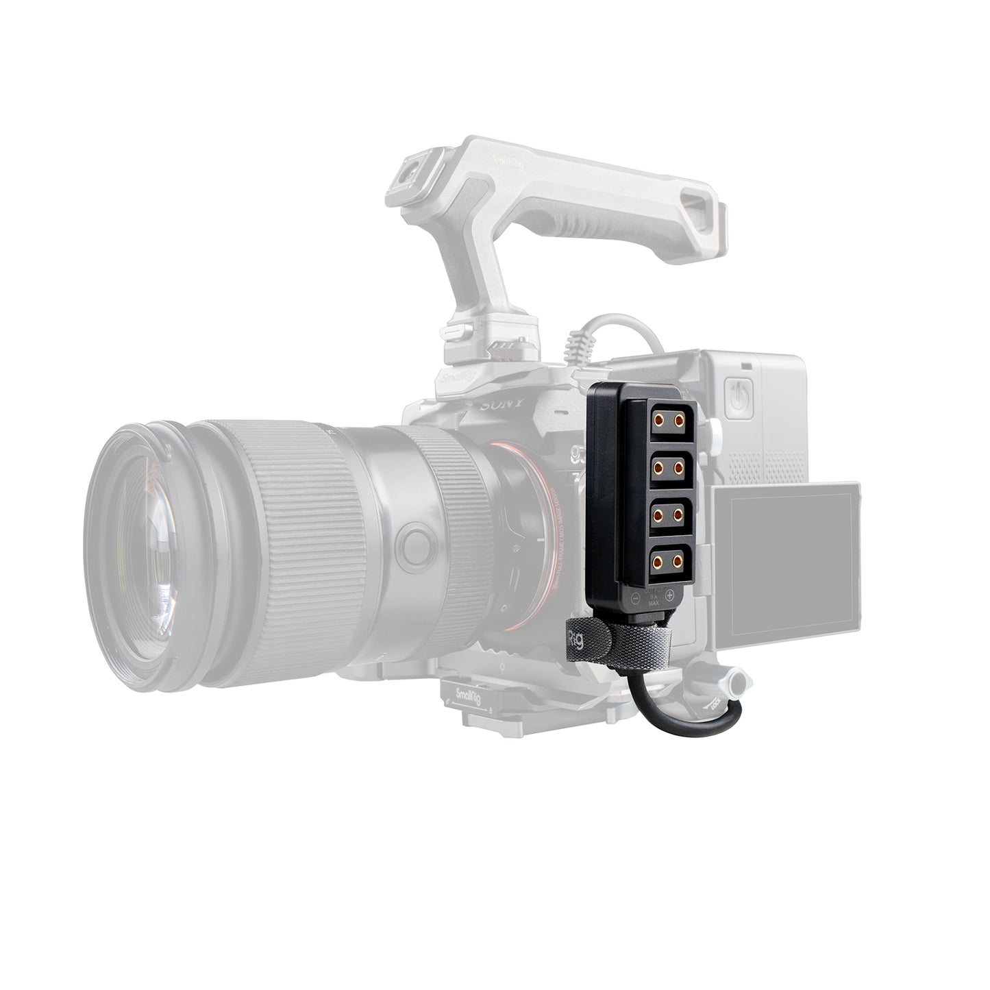 SmallRig D-Tap 1-to-4 Power Cable – compact power hub attached to Sony FX6 rig with four outputs visible.