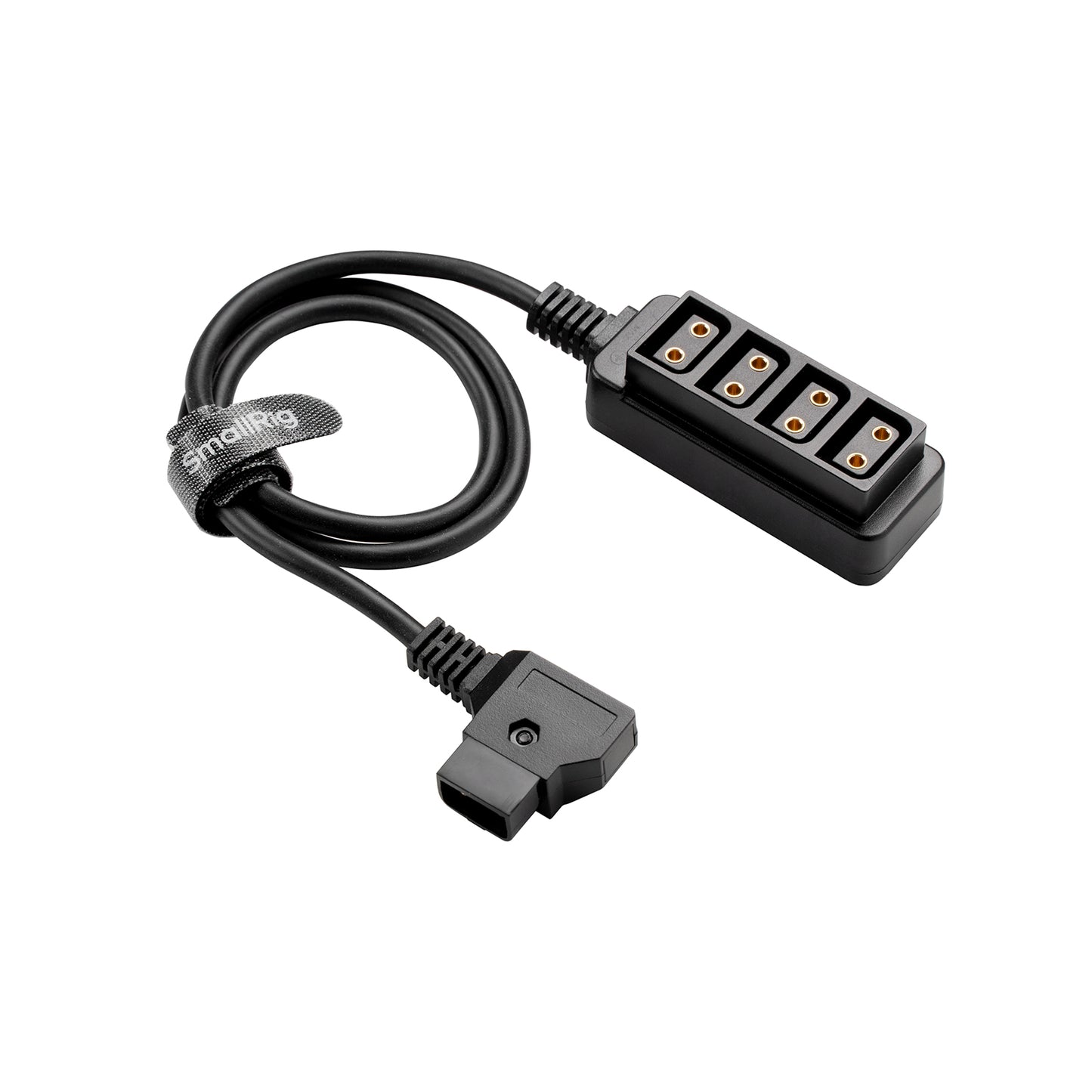SmallRig D-Tap 1-to-4 Power Cable – coiled product shot showing angled male D-Tap plug and four-port splitter block.