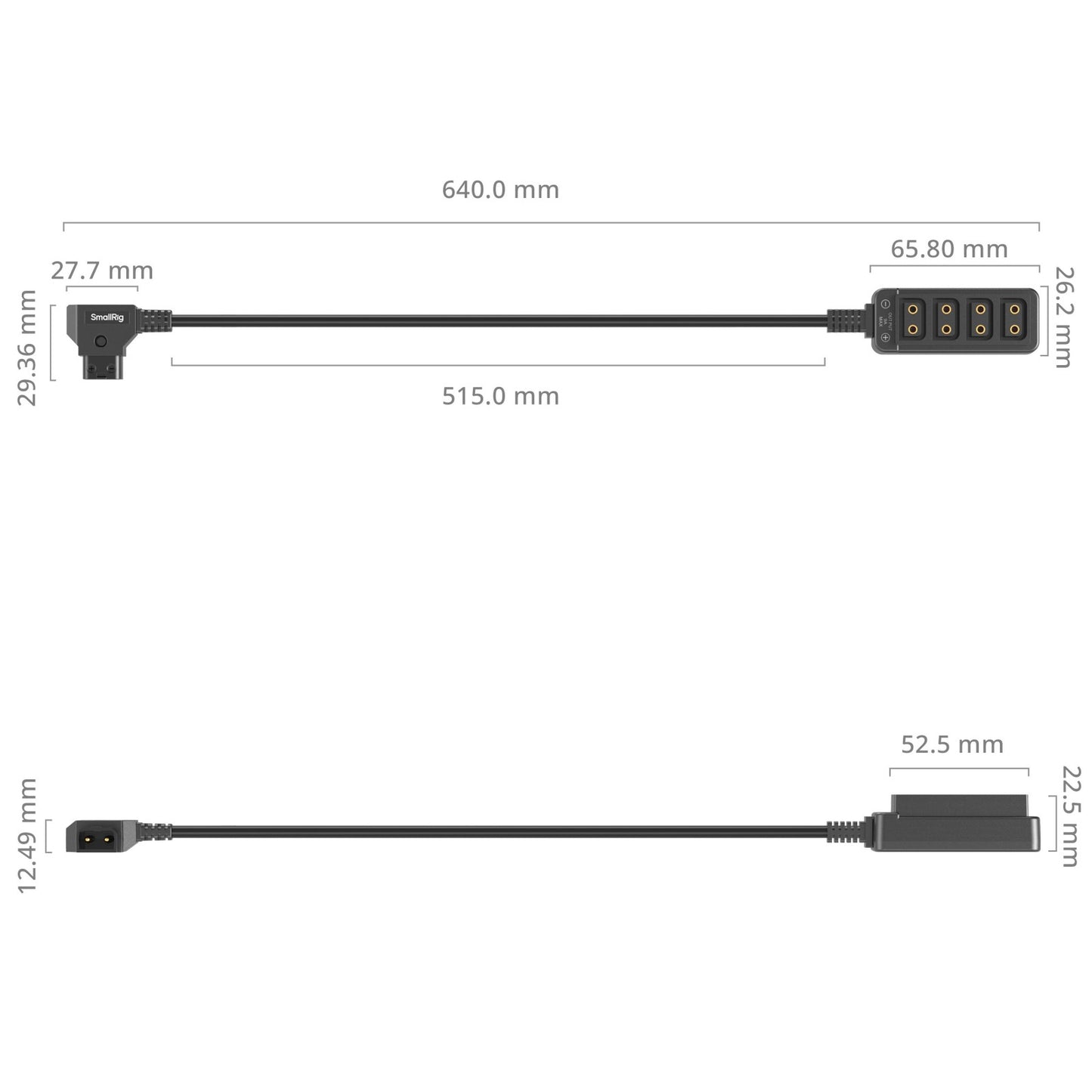 SmallRig D-Tap 1-to-4 Power Cable – technical dimensions diagram with measurements of length and connector sizes.