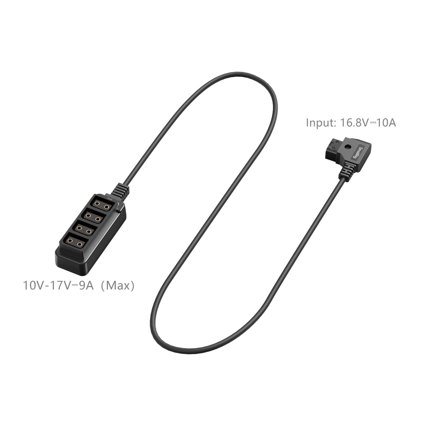 SmallRig D-Tap 1-to-4 Power Cable – angled view with voltage input and output ratings shown on cable housing.