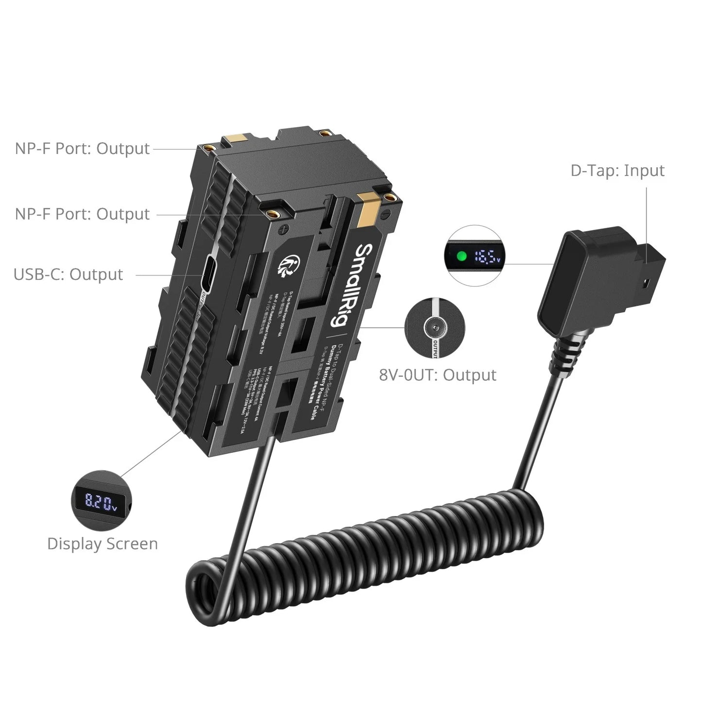 Labeled ports and display screen on the SmallRig dummy battery showing NP-F outputs, USB-C output, and 8V DC out.