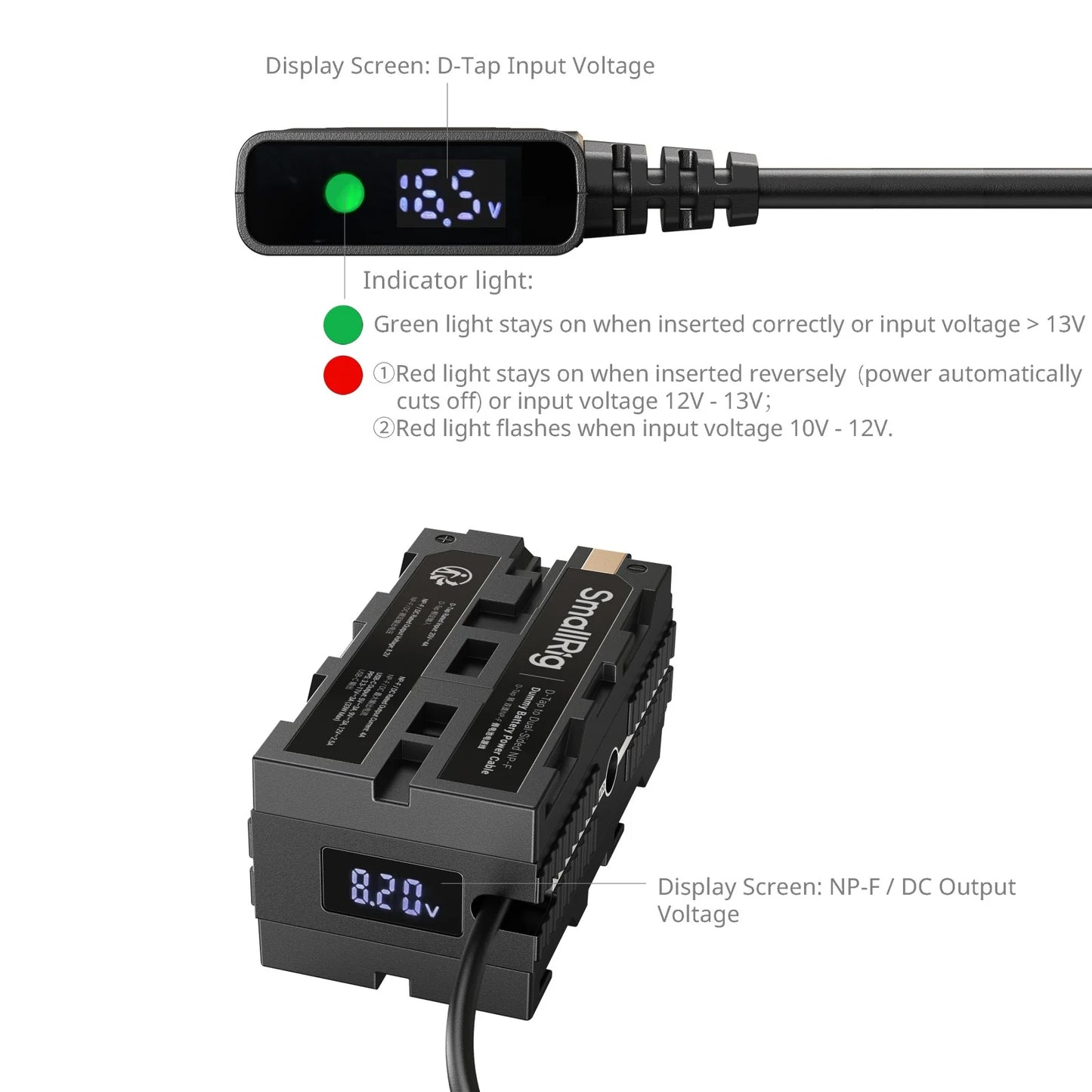 Voltage display and indicator light on the D-Tap cable head, showing input/output status explanations.