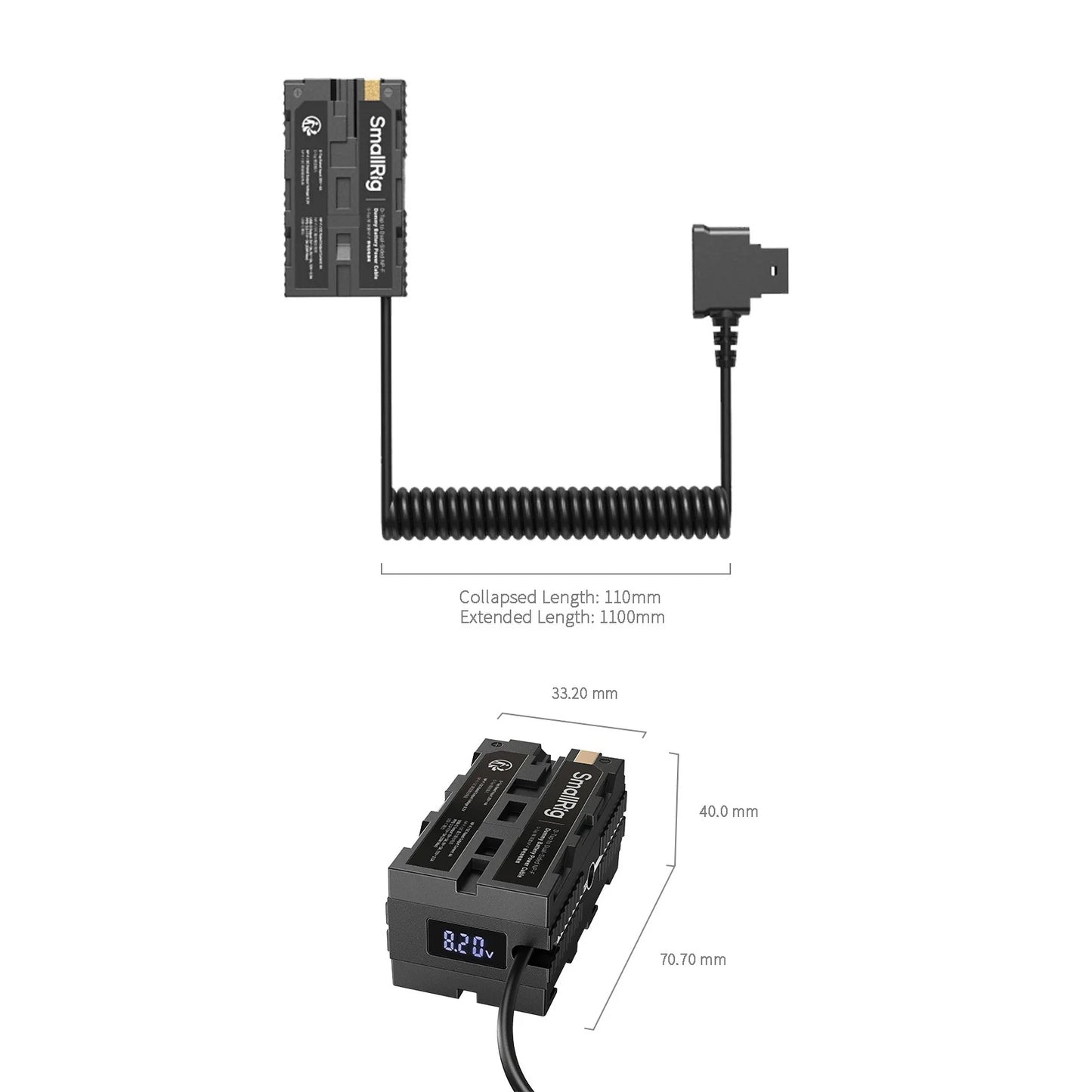 Top and side dimensions of SmallRig D-Tap to Dual-Sided NP-F Dummy Battery Power Cable, including cable length and housing size.
