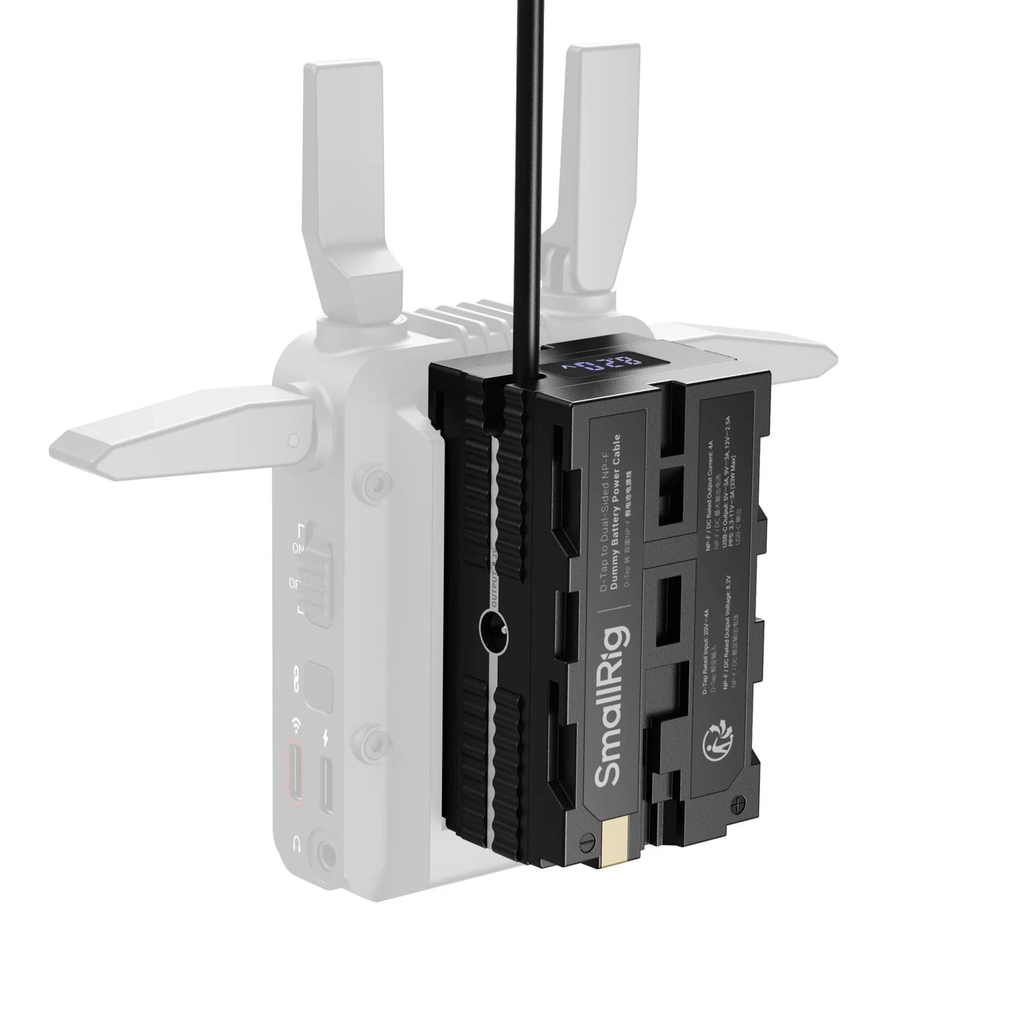 Rear view of the SmallRig dummy battery unit showing dual NP-F outputs and voltage display screen.