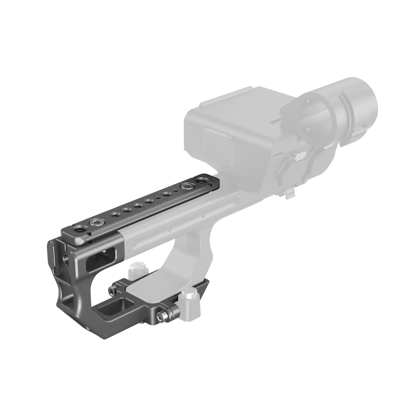 Side angle of the Extension Mount Plate Kit attached to the XLR Handle on a Sony FX3 camera rig, displaying its fit and finish with other rig accessories.