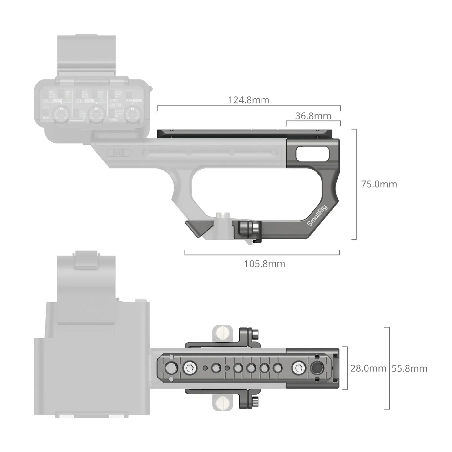 Technical dimension diagram highlighting the Extension Mount Plate Kit’s measurements, including the plate’s width, height, and mounting depth.