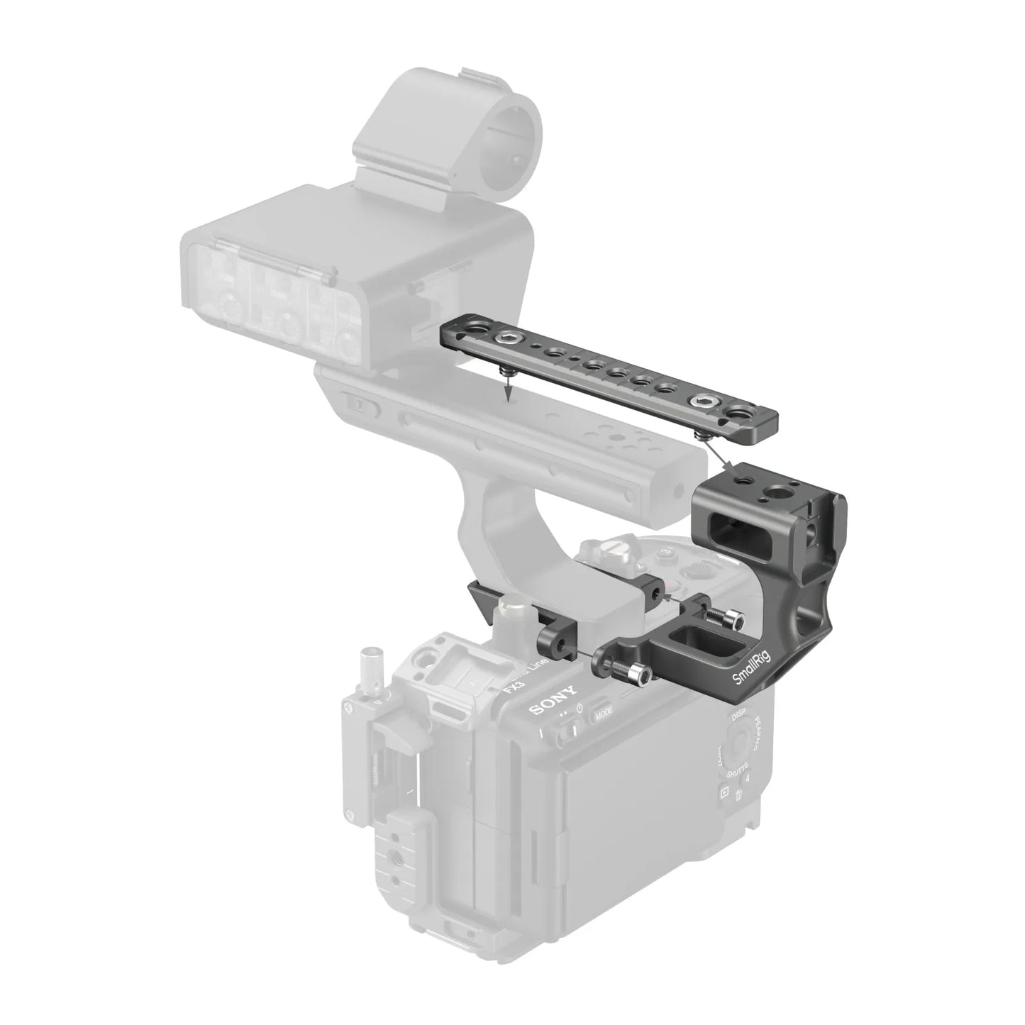 Exploded installation view showing the top plate, screws, and bracket alignment of the Extension Mount Plate Kit above the XLR handle.