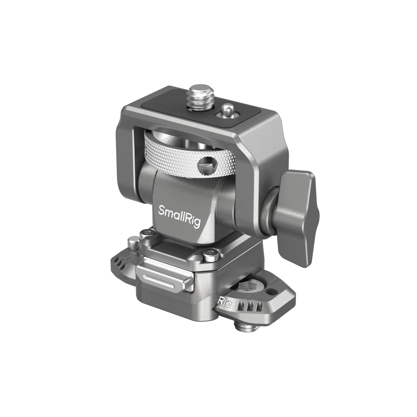 Angled product view of the SmallRig HawkLock H21 Quick Release Monitor Support with NATO Clamp, showing its compact, precision-engineered aluminuim build.