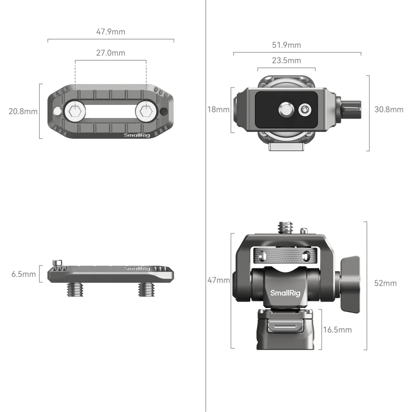 Dimensional diagram of the HawkLock H21 Quick Release Monitor Support, highlighting all measurements in millimeters from various angles.