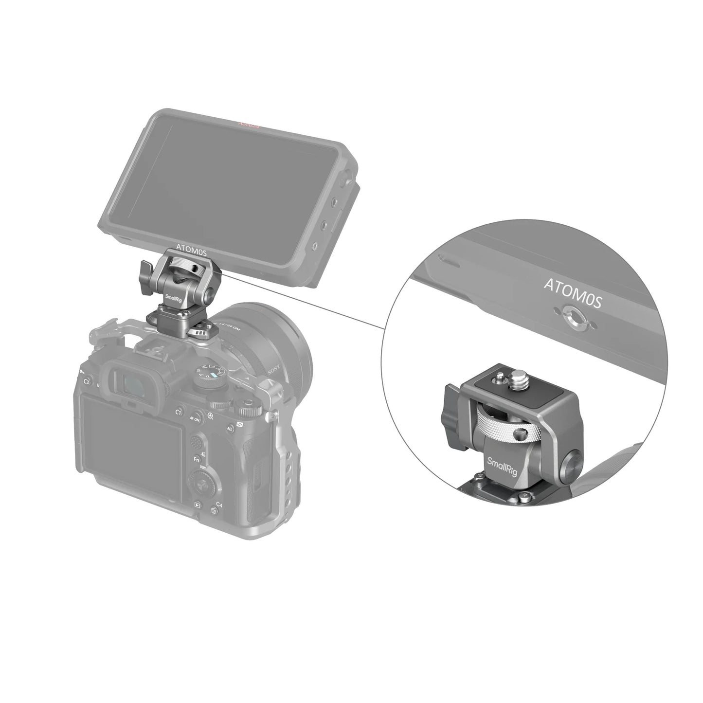 Close-up of the HawkLock H21 Monitor Mount attached to a DSLR cage rig with Atomos monitor, showing secure monitor mounting via 1/4-inch screw.