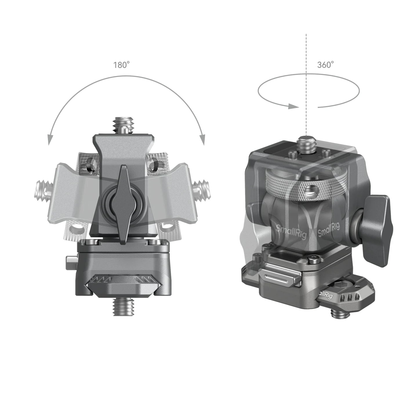 Diagram showing full 360° horizontal rotation and 180° vertical tilt capabilities of the SmallRig HawkLock H21 mount.