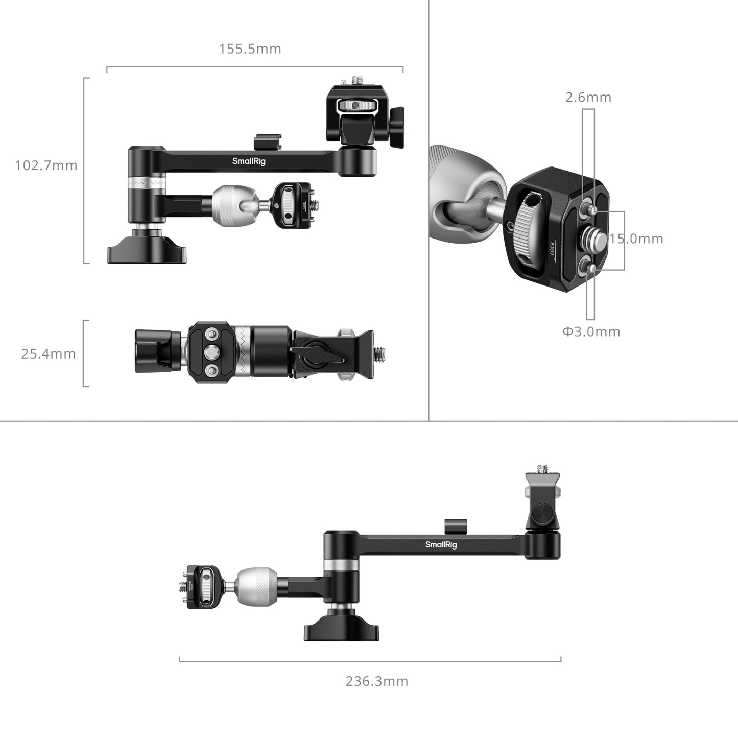 SmallRig Magic Arm Swivel Head technical dimensions diagram – showing measurements in millimeters for length, height, and tilt adjustment.