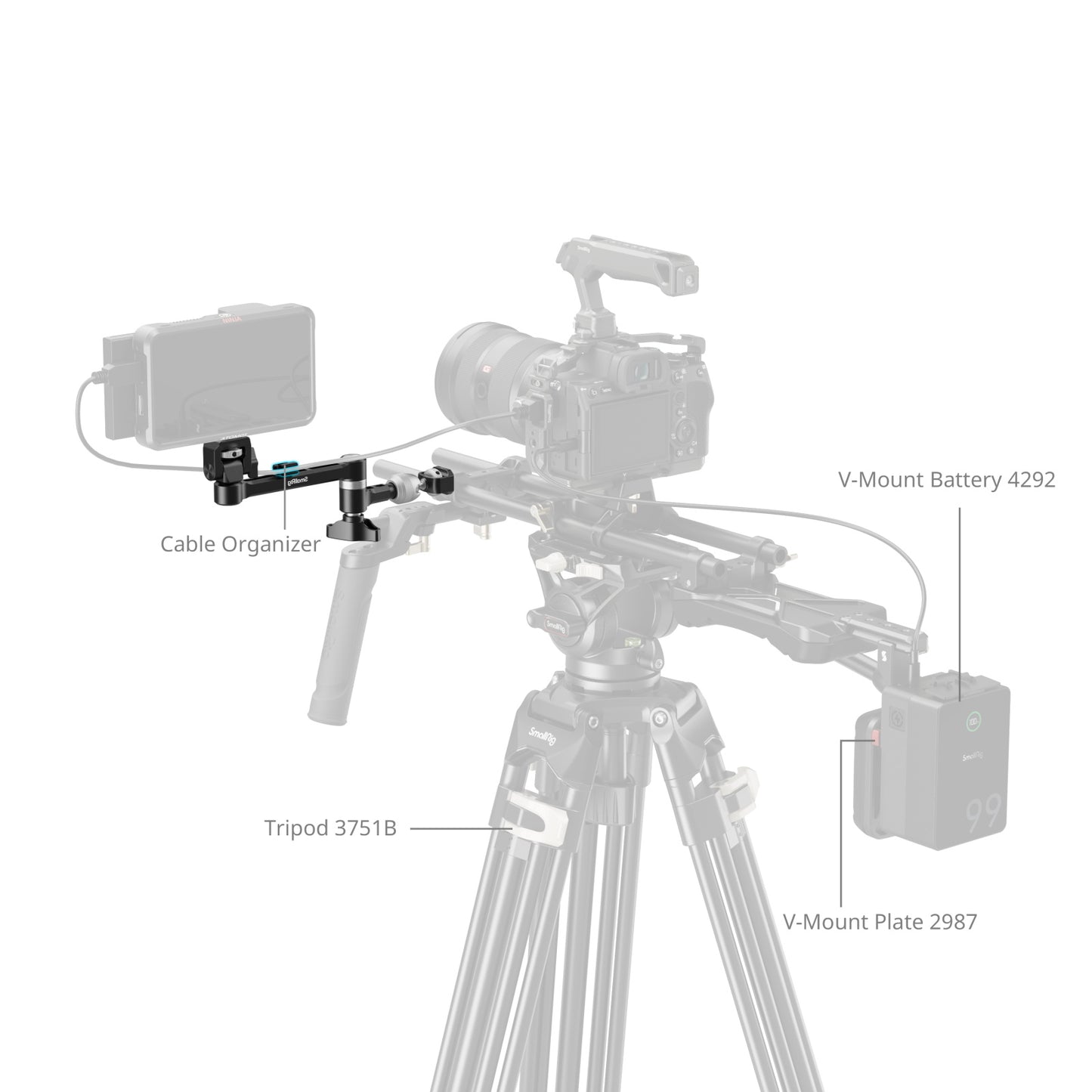 SmallRig Magic Arm Swivel Head mounted on a Sony camera rig with monitor, tripod, and V-Mount battery setup – cable organiser shown.