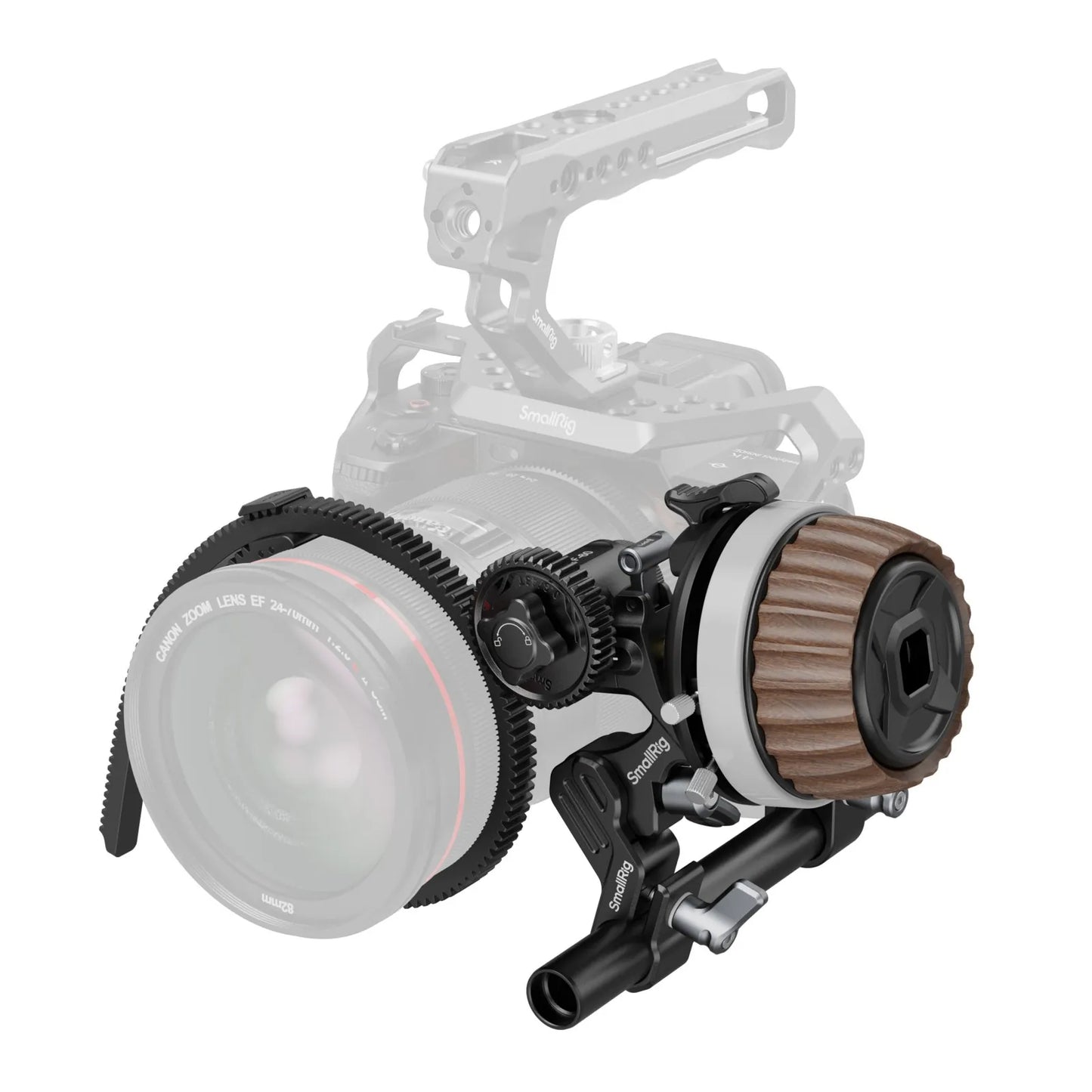 Follow Focus F60 attached to a rigged camera setup using 15mm rod support system.