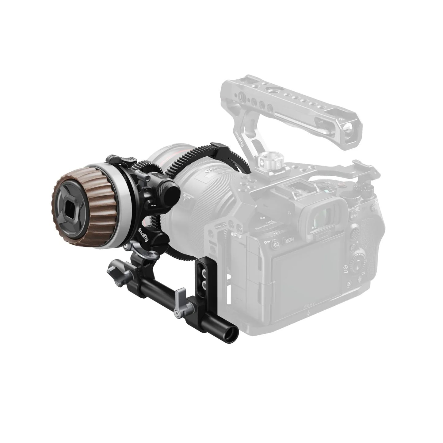 Side view of Follow Focus F60 mounted on cinema camera with focus gear engaged.
