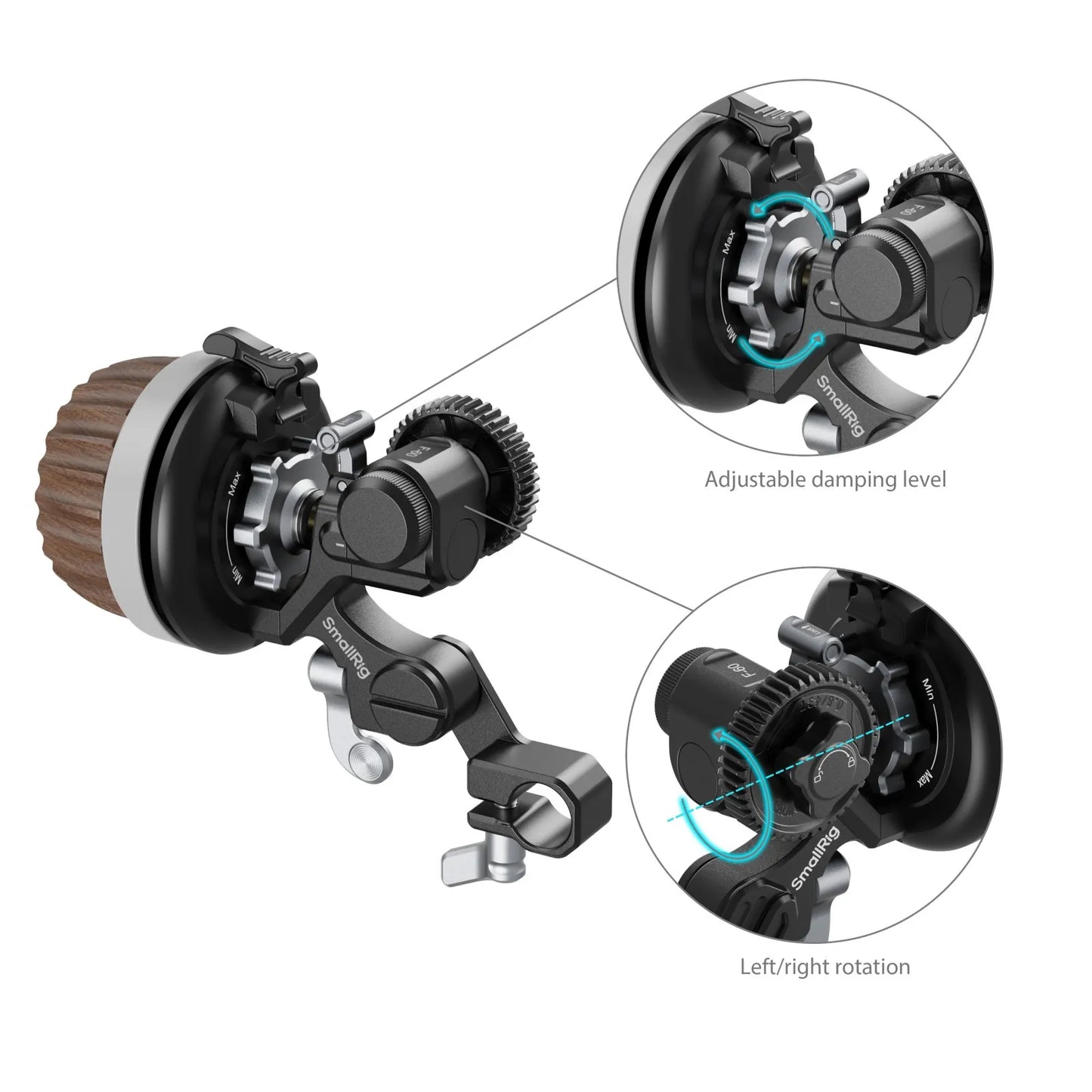 Demonstration of adjustable damping level and left/right rotation settings on Follow Focus F60.