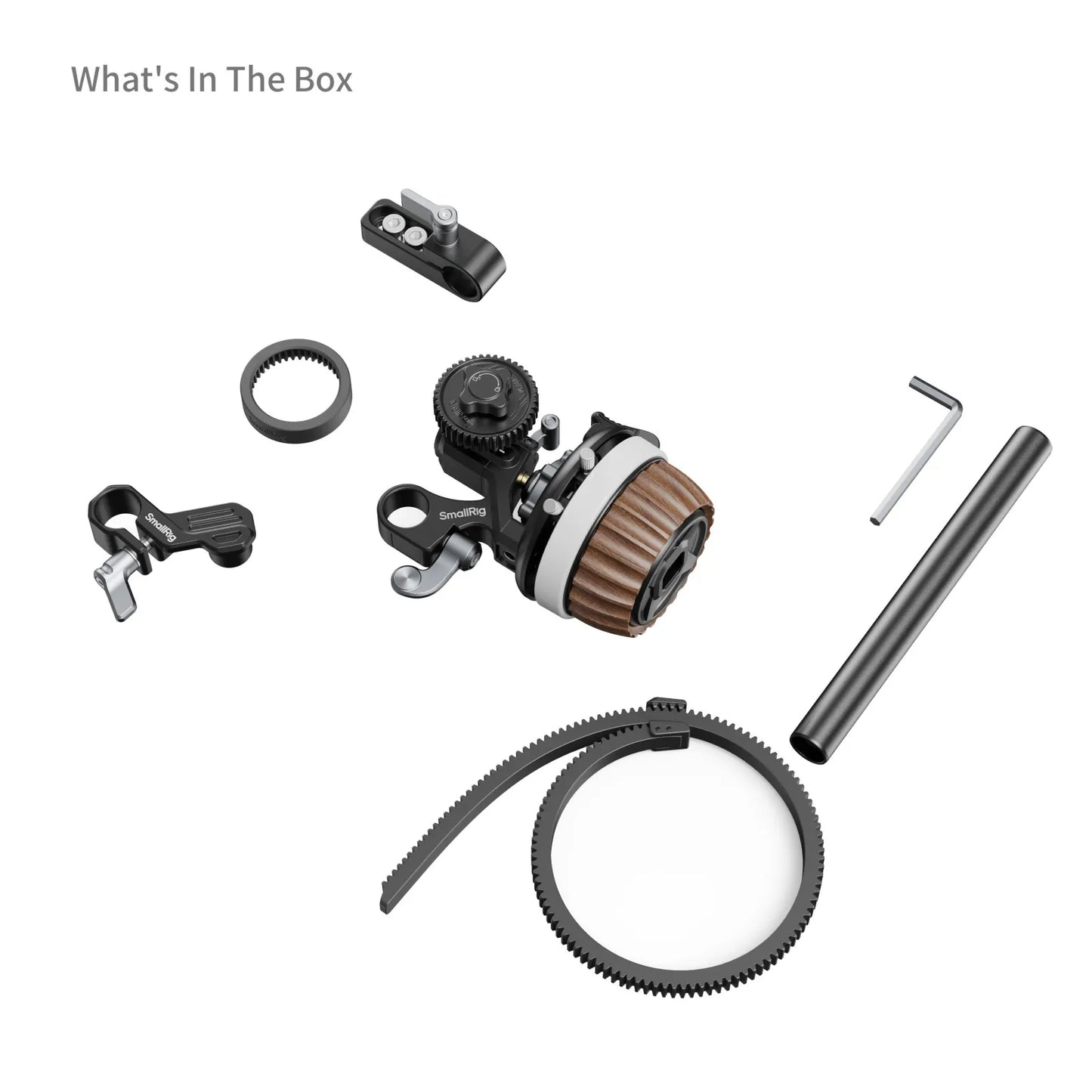 What's in the box layout of SmallRig Follow Focus F60 components including gear ring and rod.