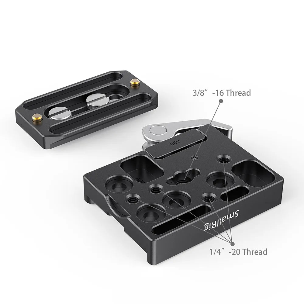 Labeled view of the clamp's multiple mounting threads (3/8"-16 and 1/4"-20).